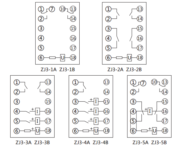 ZJ3-4A快速中間繼電器內部接線圖及外引接線圖(正視圖)